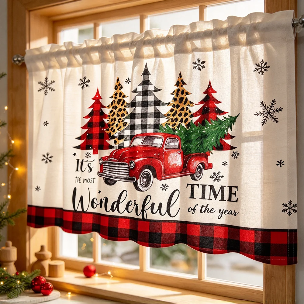 Tier Curtains Set for Kitchen, Red Truck Buffalo Plaid, Farmhouse Style, Christmas, with Valance, Warm Kitchen Window Drapes