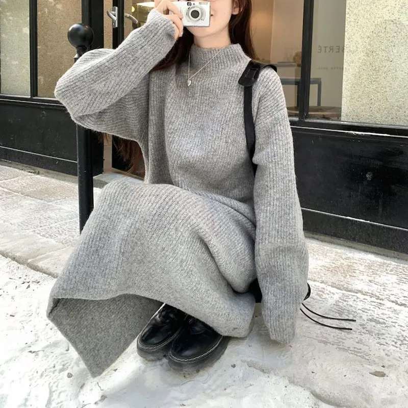 

Half High Collar Knitted Midi Dress Female Clothing Casual Solid Color Autumn Winter Basic Loose Stylish Split Straight Dresses