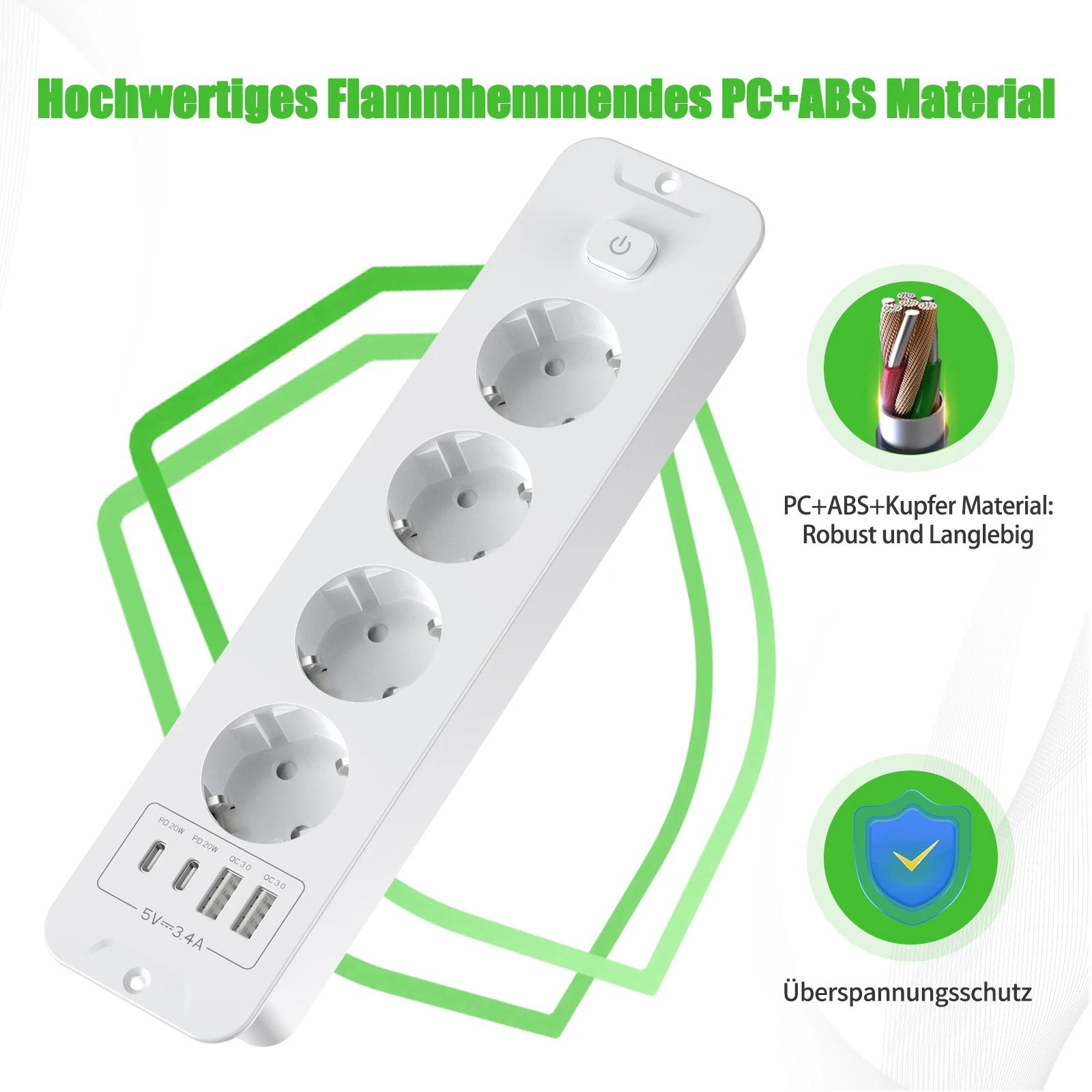 EU plug desktop built-in power strip socket with 4 AC power sockets 2 USB and 2 Type-C, master control switch 2m extension cable