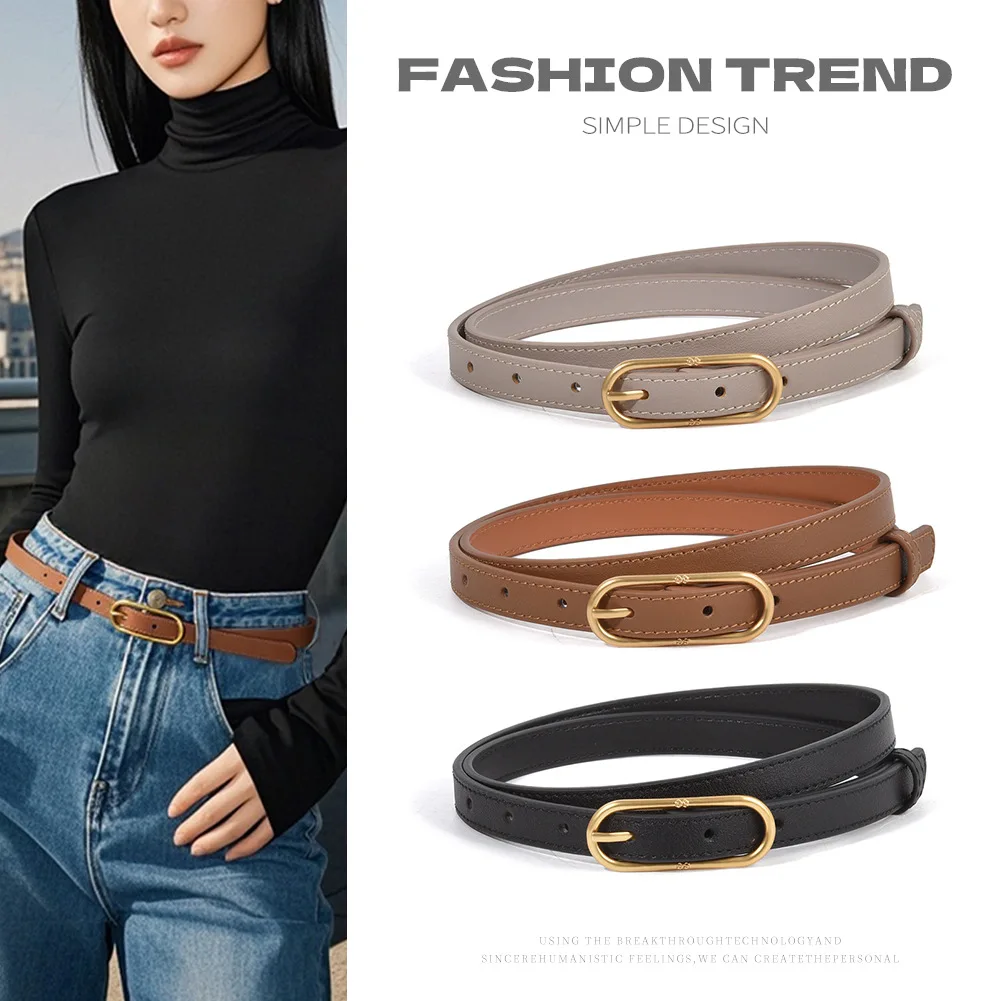 Simple and fashionable texture cowhide needle buckle thin belt for women, retro and trendy versatile dress, jeans belt