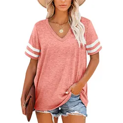 Striped T-shirt Women's New Lovely Female Tops Tee Fashion Colorful V-neck Short-sleeve Y2k Clothes 2023 Womens Oversize T Shirt