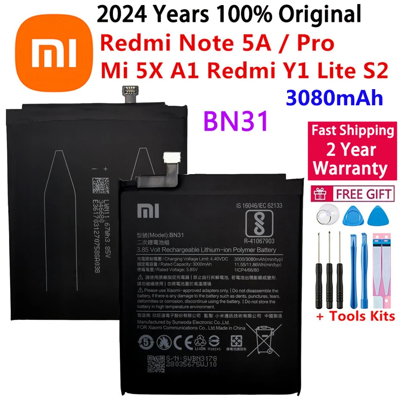 Xiao Mi Original Phone Battery BN31 for Xiaomi Mi 5X Mi5X Redmi Note 5A / Pro Mi A1 Redmi Y1 Lite S2 3080mAh Batteries + Tools