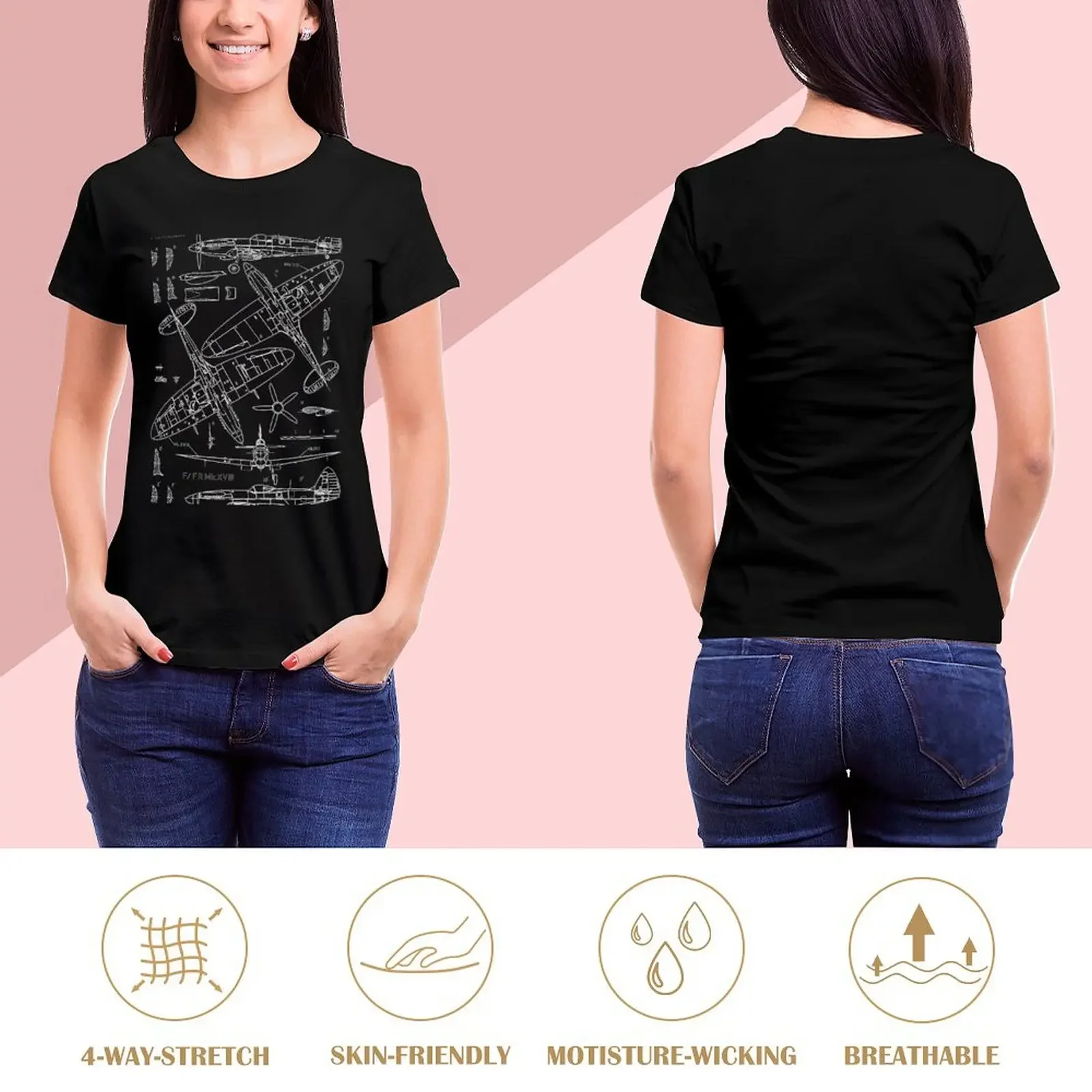 Spitfire Concept Blueprints T-Shirt vintage cute tops animal prinfor plain graphic t-shirts for Women