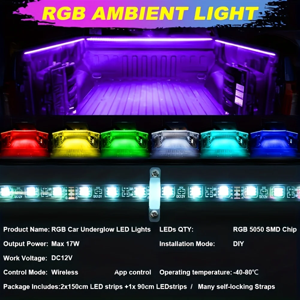 60inch RGB LED Truck Bed Light Bar Kit Neon Exterior Strip With On/Off Switch Fuse for Pickups SUVS RV Boats Decorative Lamp 12V