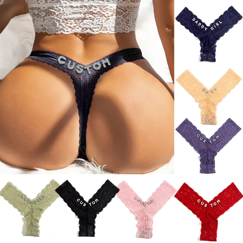 Women Customized Lace Thongs with Crystal Letter Name DIY Body Chain Sexy Bikini Personalize Cheey Panties Body Jewelry Gifts