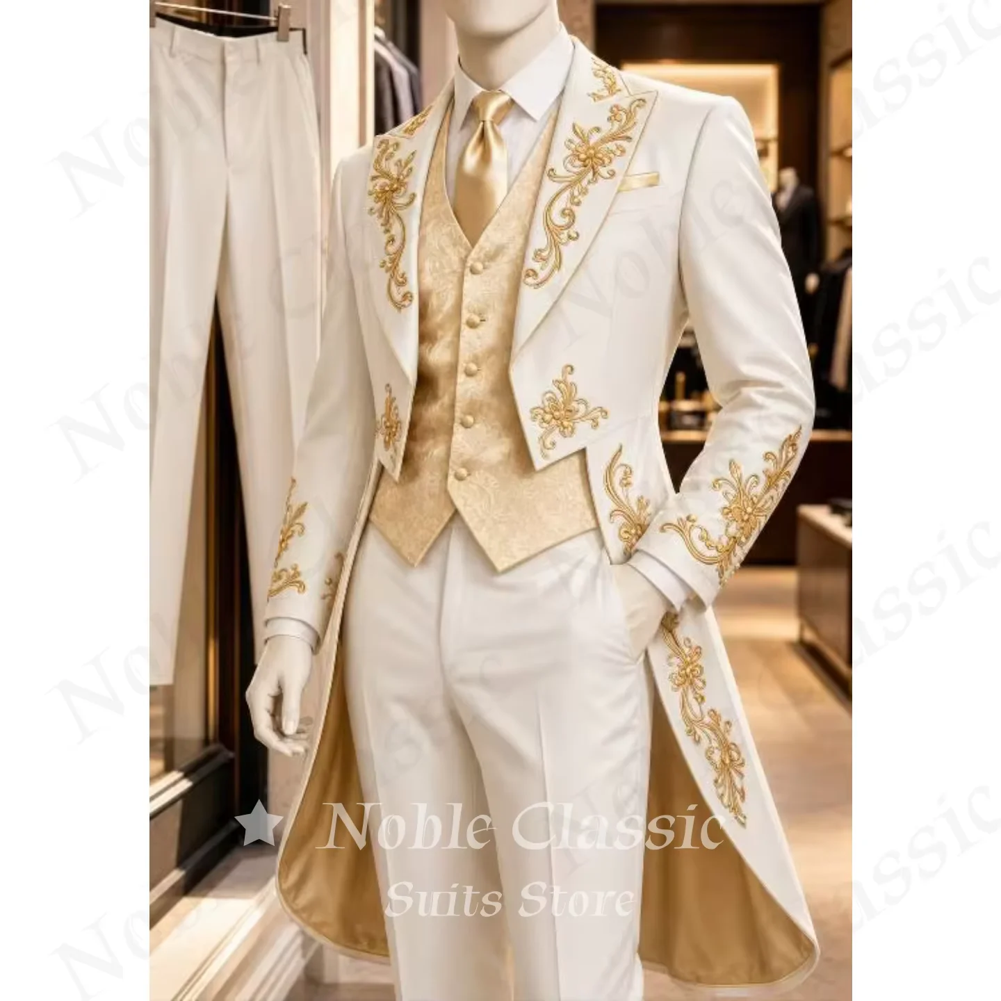 Luxury Gold Embroidered Tailcoat Suit 3 Piece Slim Fit Gothic Victorian Tuxedo Jacket Vest Pants Prom Party Groom Customized