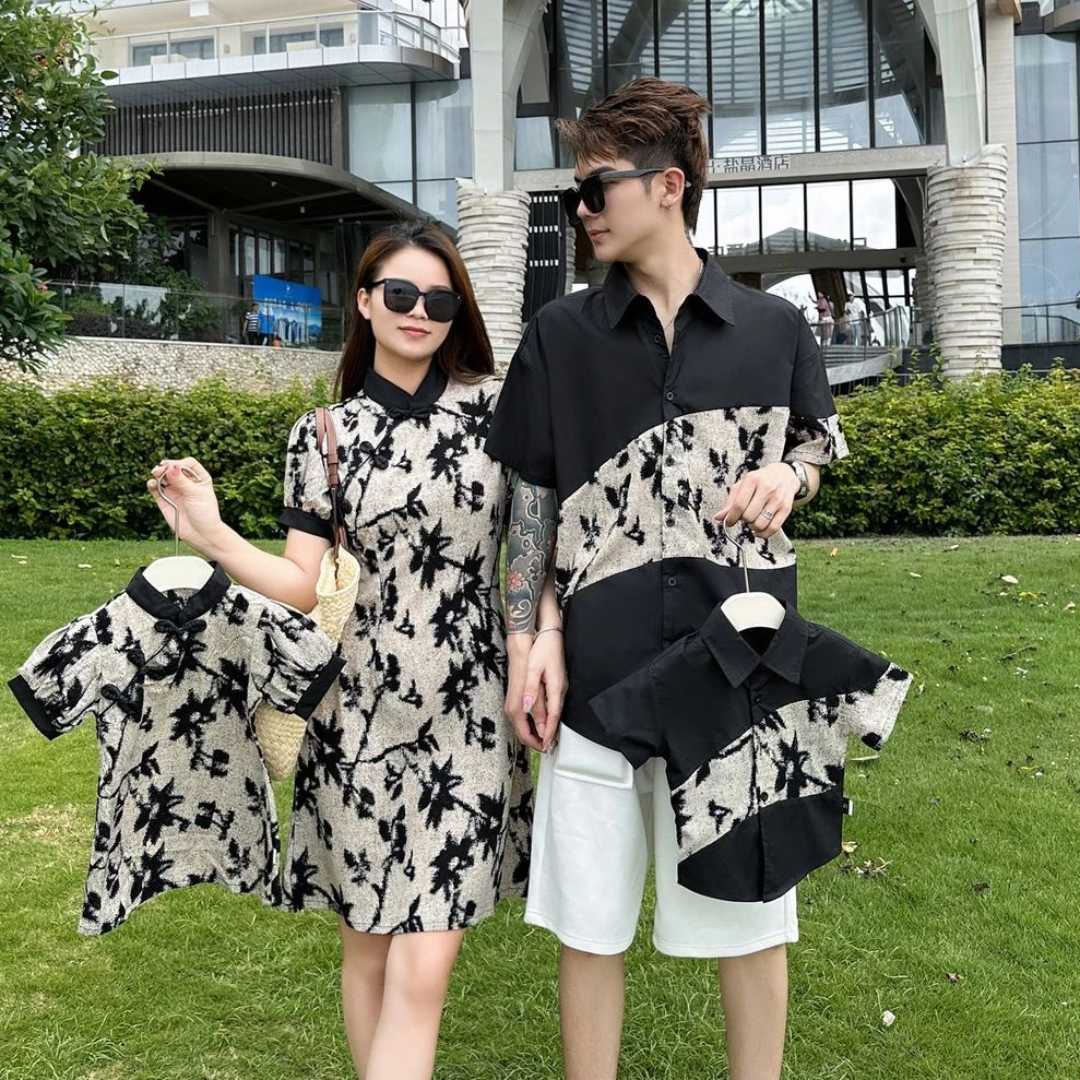 2023 New Family Matching Clothes Fashion Dad Son Same Shirts Mother Daughter Cheongsam Dresses Mom and Girl Chinese Dress Qipao