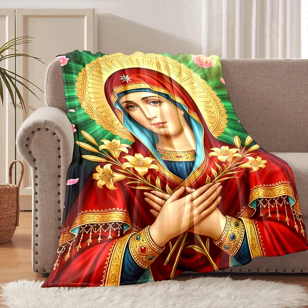 1PC Virgin Mary holding lilies Faith-printed Flannel Blanket Soft and Warm Suitable for Home Travel Picnics Camping and RV Use