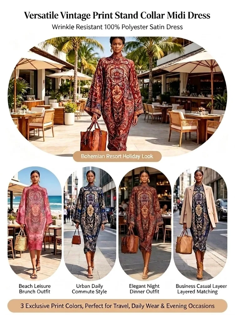 Yeezzi 2026 New Retro Classic Printed Party Evening Midi Dresses Loose Batwing Sleeves Elegant Ramadan Church Kaftan Dress Robe