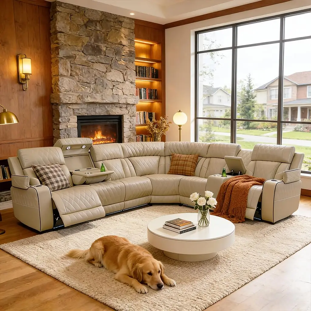 Breathing Leather Power Reclining Sofa Set,Sectional Couch with LED Light
