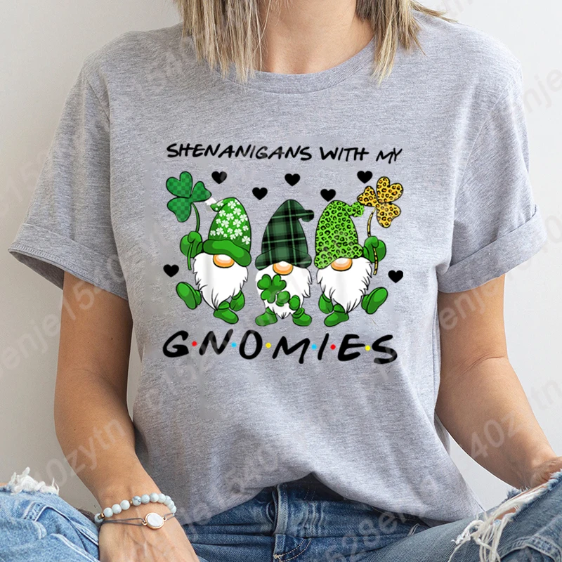 

St Patrick's Day Shenanigans With My Gnomies Print T-shirts Women Summer Short Sleeve Round Neck Tees Creative Personalized Tops