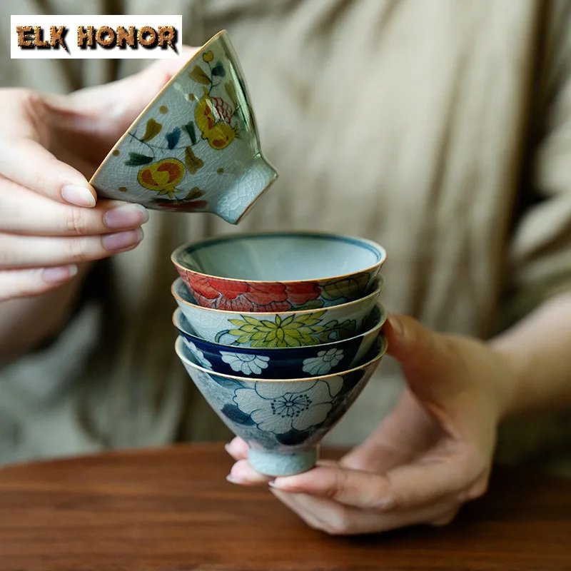 80 مللي النقي رسمت باليد كوب شاي بالأعشاب المزهرة الجليد الكراك الصقيل كوب رئيسي وعاء الشاي الشخصي المرأة تذوق مخروط كوب الكونغ فو Teaware 1 قطعة