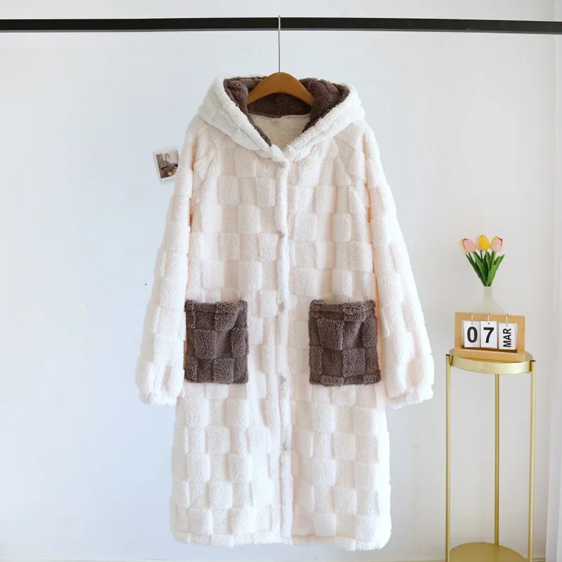 2024 Autumn/Winter New Couple Coral Fleece Nightgown Pajamas for Men and Women Long Thickened Flannel Hooded Home Fur