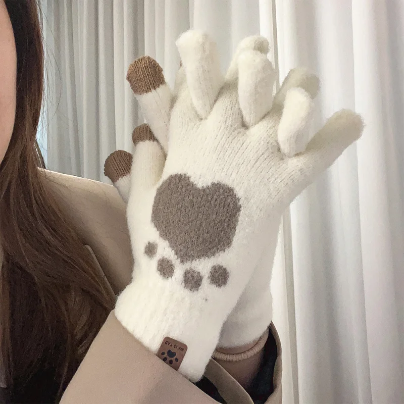 Women Cute Bear Caw Gloves Fluffy Plush Gloves Winter Full Finger Gloves Love Heart Thick Mittens Girls Warm TouchScreen Gloves