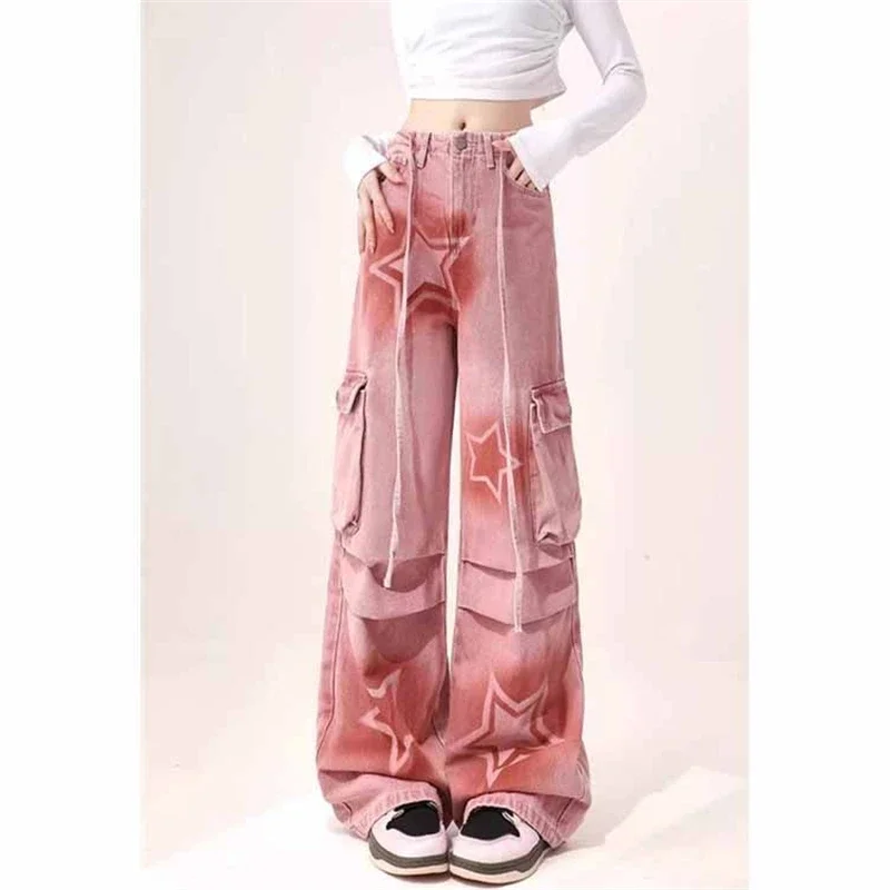 Women's Pink Star Pattern Straight Cargo Jeans Cool Girl Street Style Fashion Pants Female High Waist Loose Denim Trousers