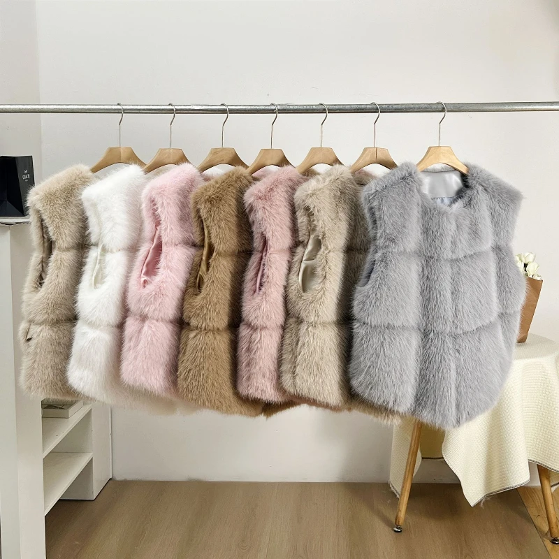 White O-neck Short Stripe Faux Fur Vest Slim Women‘s Furry Jacket Fluffy Warm Faux Mink Plush Coats Elegant Outerwear Sleeveless