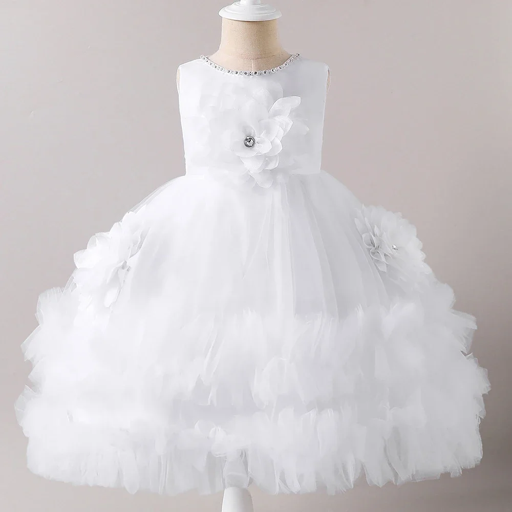 Baby Girl One-piece Dress Big Flower Summer Kid's Princess Party Ball Gown Beading Collar Children Dresses 0-4 Years 3