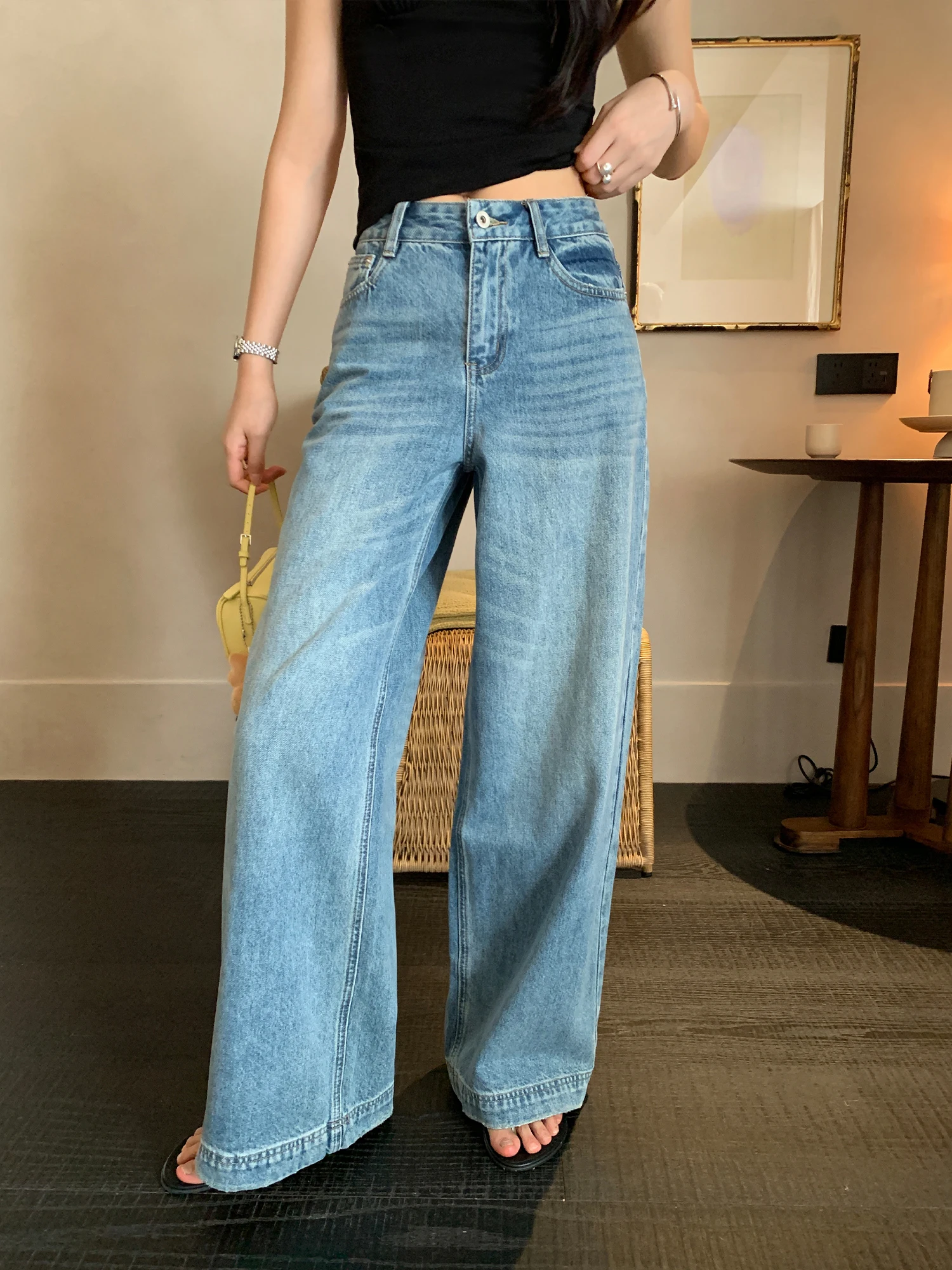 

Pusumede, широкие джинсы с высокой талией, женские летние свободные драпированные джинсовые брюки, Cleanfit, хлопковая молния с талией