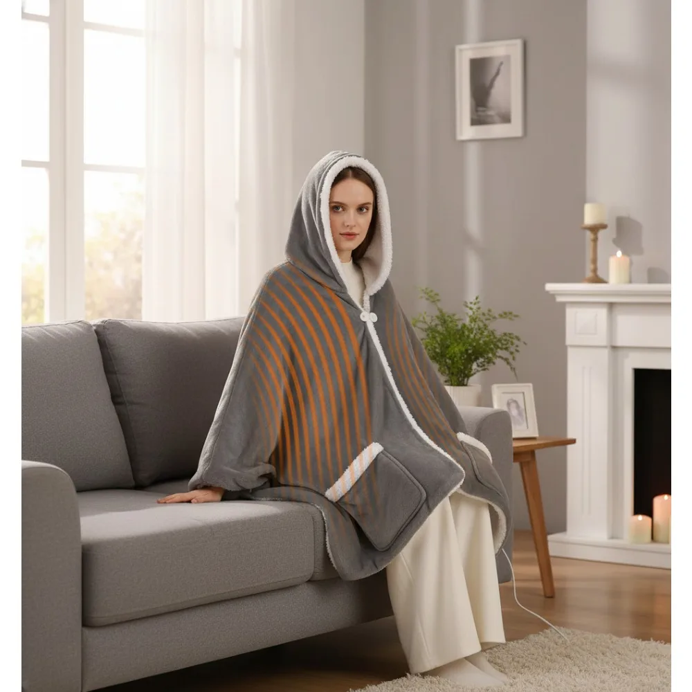 

Wearable Electric Heated Blanket Shawl - 6 Heat & 4 Time Settings, Sherpa Hoodie for Adults, Grey 55x64 inches