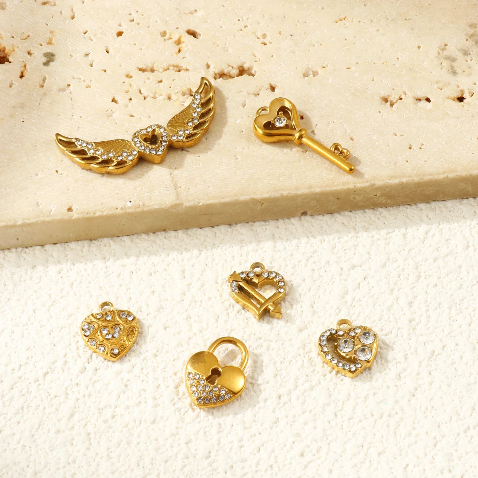 

Doreen Box 2PCs 304 Stainless Steel Valentine's Day Charms 18K Gold Plated Micro Pave Clear Rhinestone Pendants for DIY Necklace