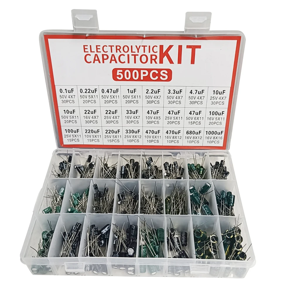 

500Pcs 24 Values 16-50V 0.1-1000uF Aluminum Electrolytic Capacitor Assorted Assortment Kit for TV LCD Monitor Radio Stereo Game