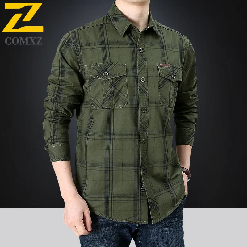 Men's Plaid Shirt Spring and Autumn New Retro Cotton Multi-Pocket Long Sleeve Shirts Male plus size 5xl Casual Loose Button Tops
