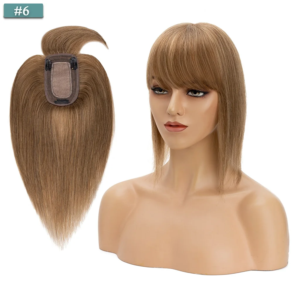SEGO 7x13CM Echthaar-Topper mit Pony für Frauen, Seidenbasis, natürliche Haarteile, Perücken für Haarausfall, Volumenabdeckung, graues Haar – Detail 19