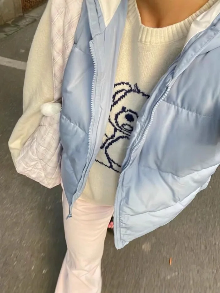 

Синий свободный стеганый жилет с капюшоном, женская осенне-зимняя новая хлопковая теплая куртка на шнурке, верхняя уличная одежда, шикарная повседневная верхняя одежда