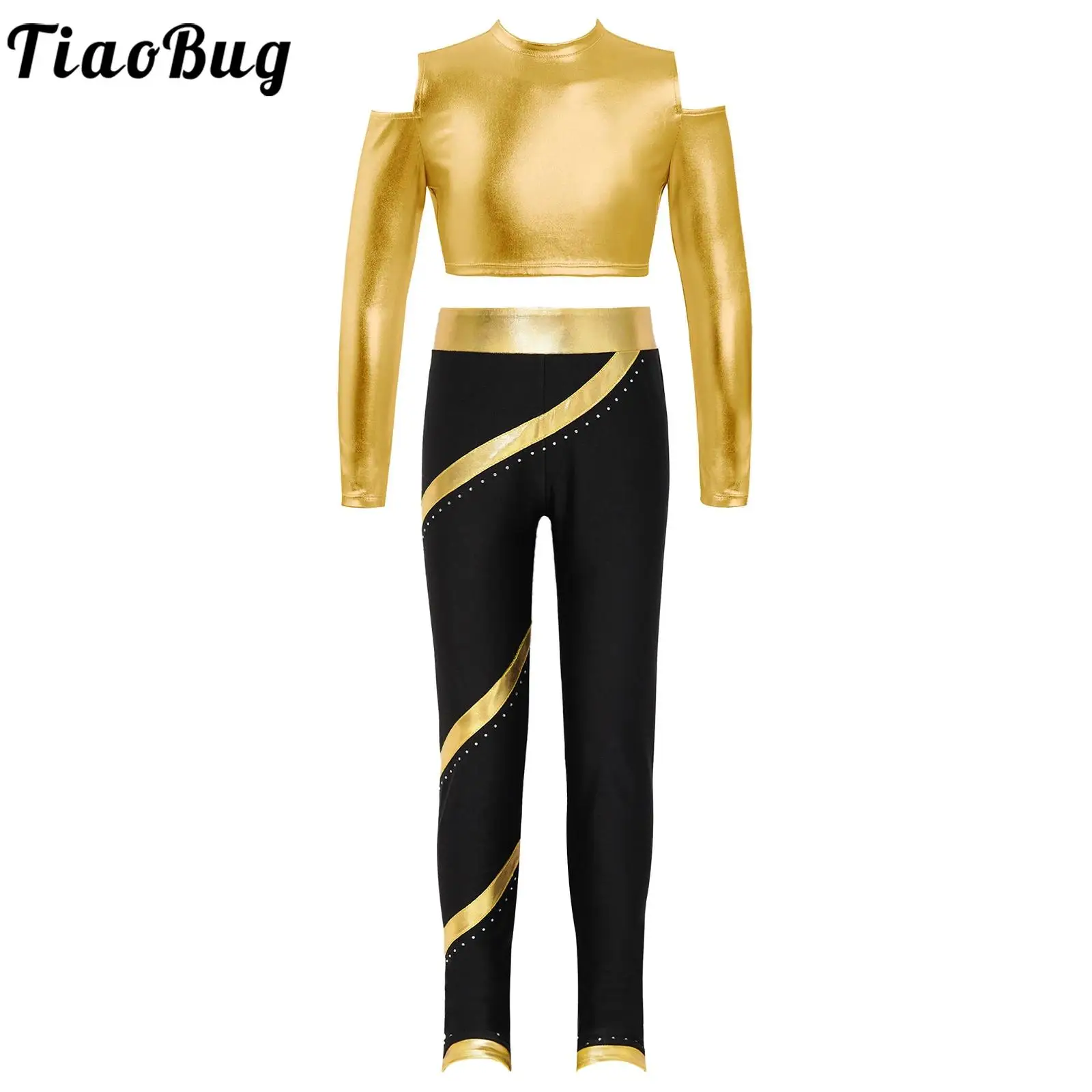 Kids Girls Figure Skating Gymnastics Dance Costume Cold Shoulder Cropped Top with Metallic Pants Dance Performance Competition