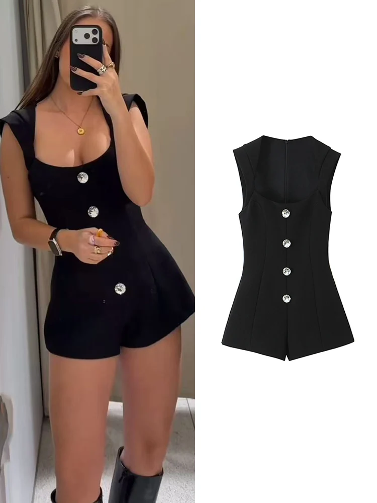 جديد إمرأة قصير بذلة مثير أكمام ساحة الرقبة أنيقة رومبير موضة الأحجار الكريمة زر الديكور شارع العليا بلايسوت #1