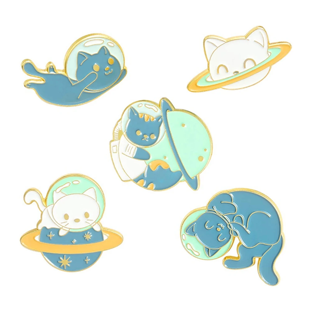 5 Pcs Enamel Pins Set Space Cat Cute Cartoon Animal Astronaut Lapel Pin Brooches for Jackets Backpack Accessory