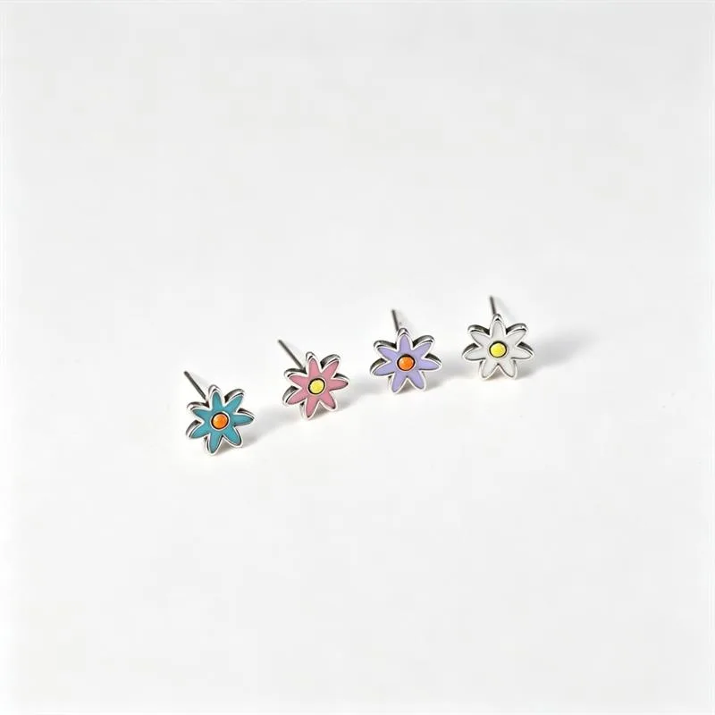 S925 Silver Colorful Enamel Daisy Stud Earrings Cute Multi‑Color Mini Flower Ear Studs Dainty Daily Jewelry Gift