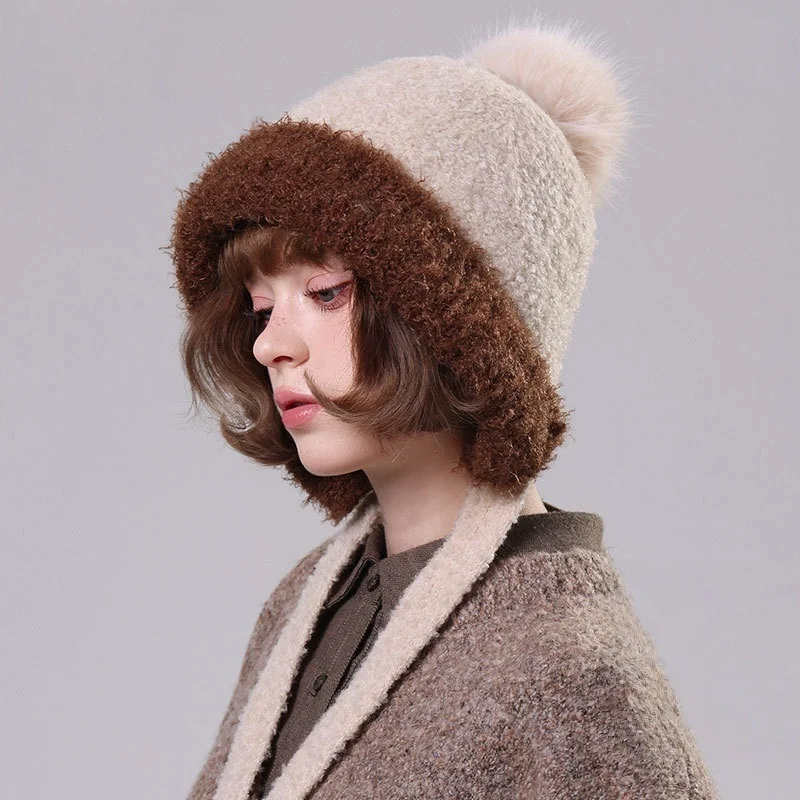 

Winter Color-Blocked Turned-Up Brim Knit Girls' Outdoor Double-Layer Warm Ear-Covering Fleece-Lined Beanie