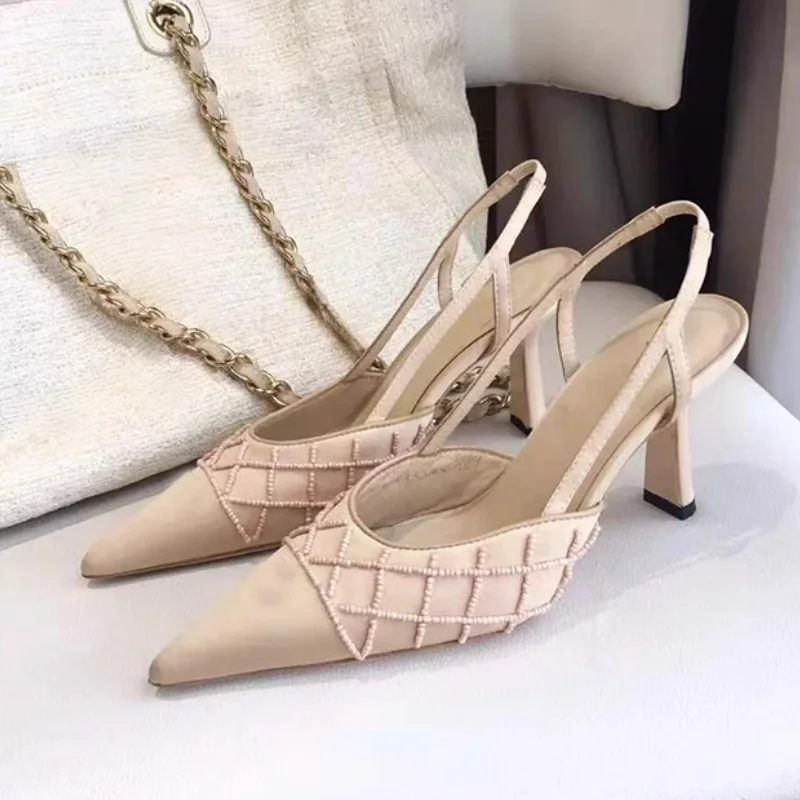

New Checked Strappy Sandals Women Stylish Designer High Heels Sexy Elegant Women's Shoes Beaded Party Banquet Women Stilettos
