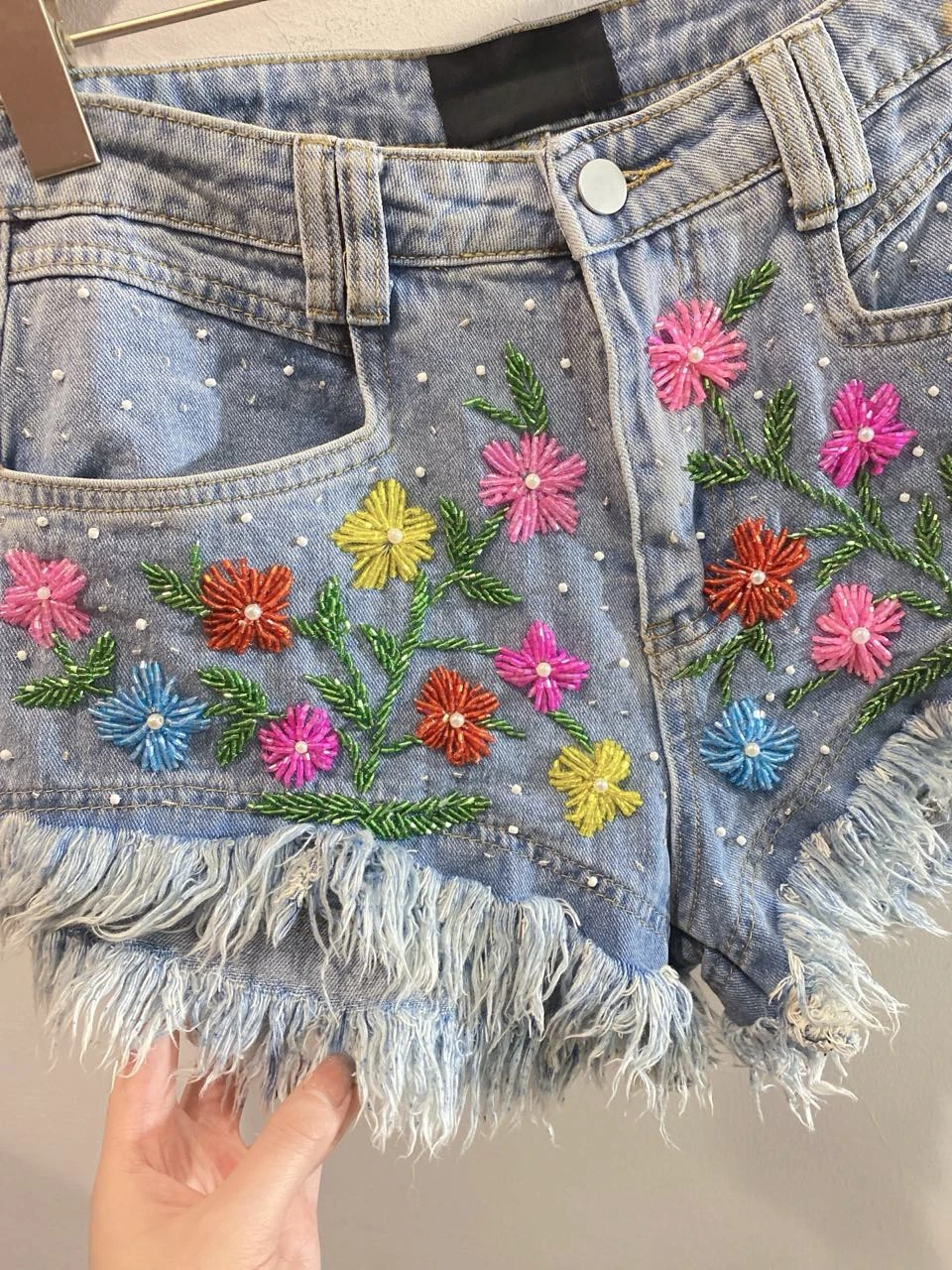 Feminine Flower Sequin Bead Jeans Fashion High Street 2024 Summer Hot Pants Denim Short Trousers Women's Trendy Pocket Shorts