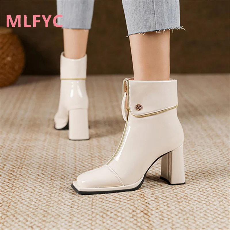 Fashion Boots Female 2023 Autumn New Thick Heel Female Short Boots British Style Front Zipper Casual High Heel Boots Female