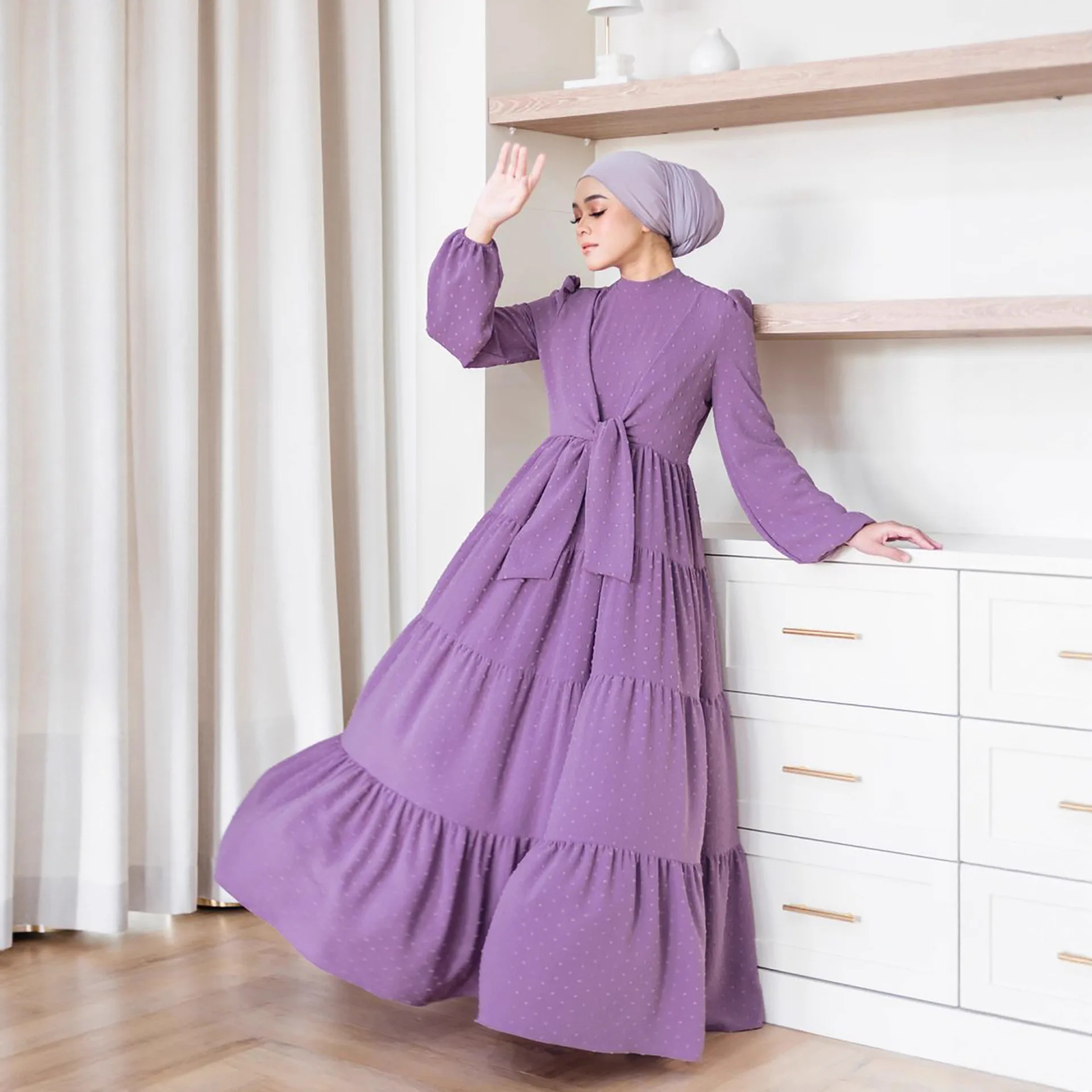 Roupas femininas do Oriente Médio Abaya Vestido muçulmano do sudeste asiático com babados e bainha vestido longo robe