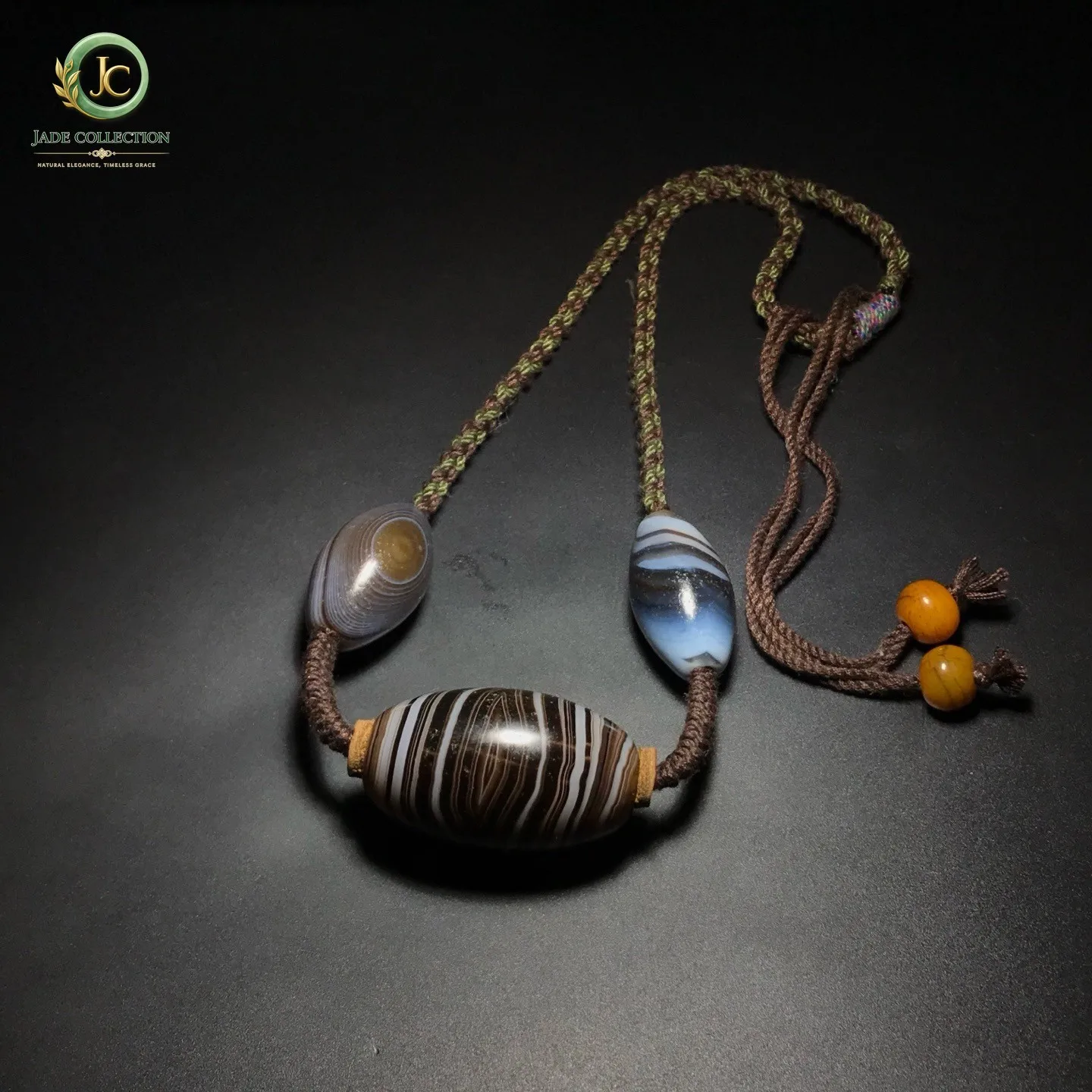 Tibetan Natural Old Agate Dzi Sky Eye&Silkworm Lines Bead Necklace J0523
