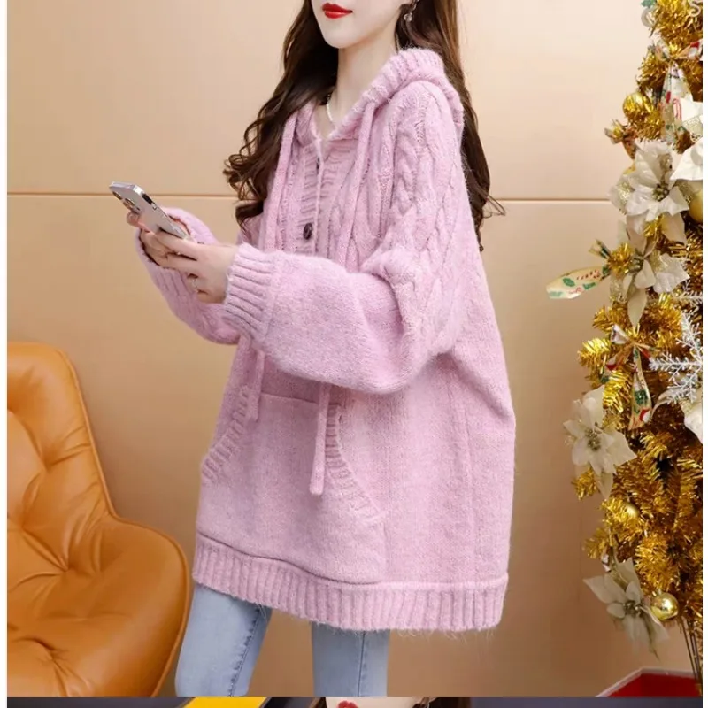 

Japanese Retro Lazy Twist Hooded Jumper Women's Autumn and Winter Loose Soft Waxy Casual All-match Thick Knit Simple Sweater