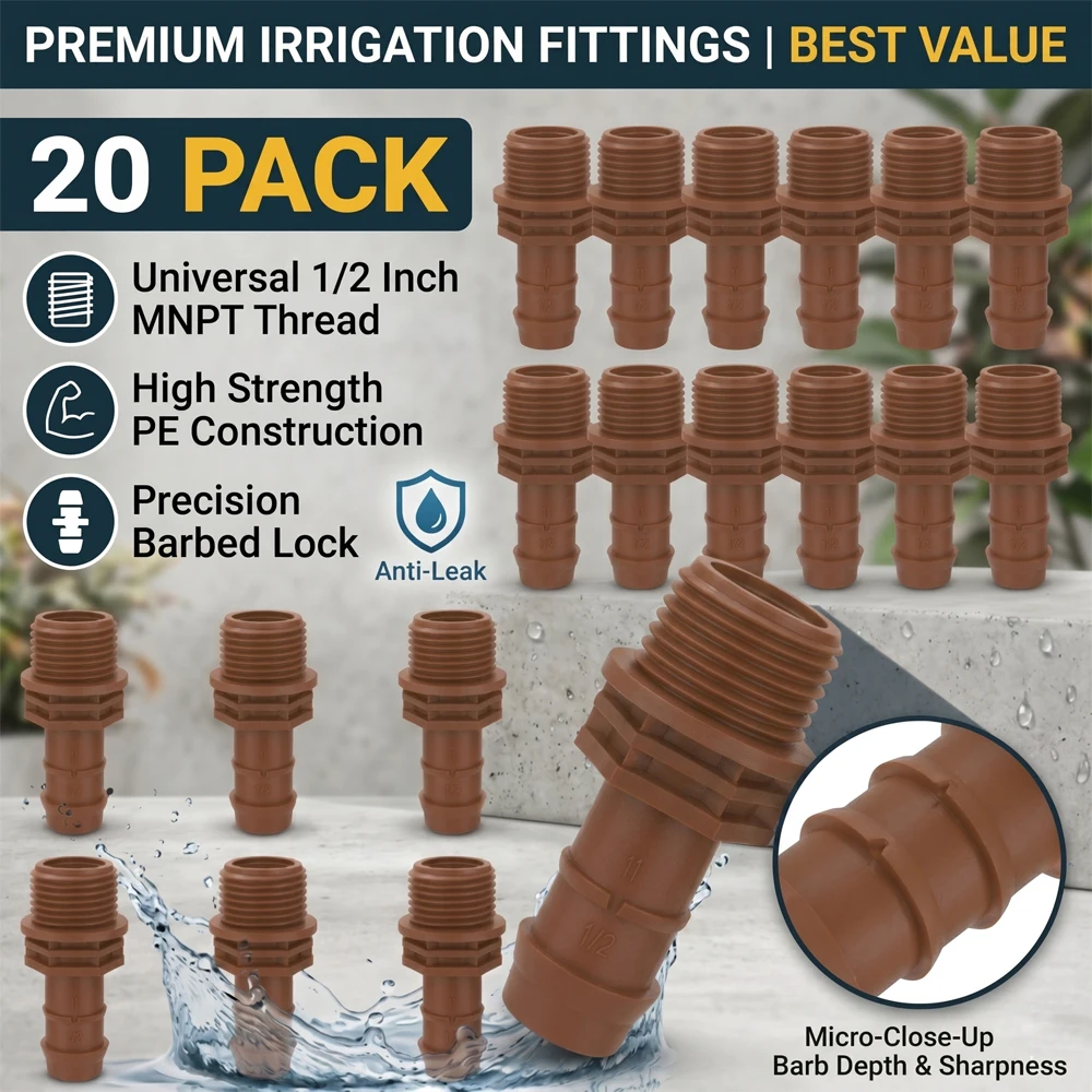 1/2 Inch Drip Irrigation Fittings MNPT Barbed Adapter 20PCS Leak Proof Swing Pipe Connector Sprinkler System Garden Hose PVC
