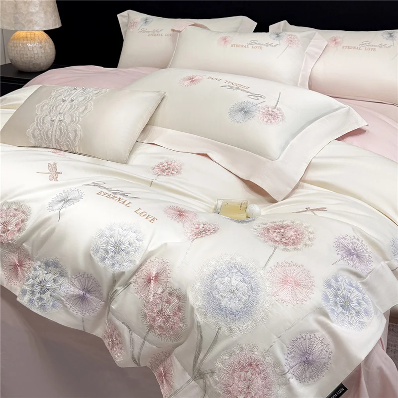 Luxury 600TC Egyptian Cotton Bedding Set 4Pcs Dandelion Embroidery Duvet Cover Flat Sheet Pillowcases Hotel Style Bed Linen