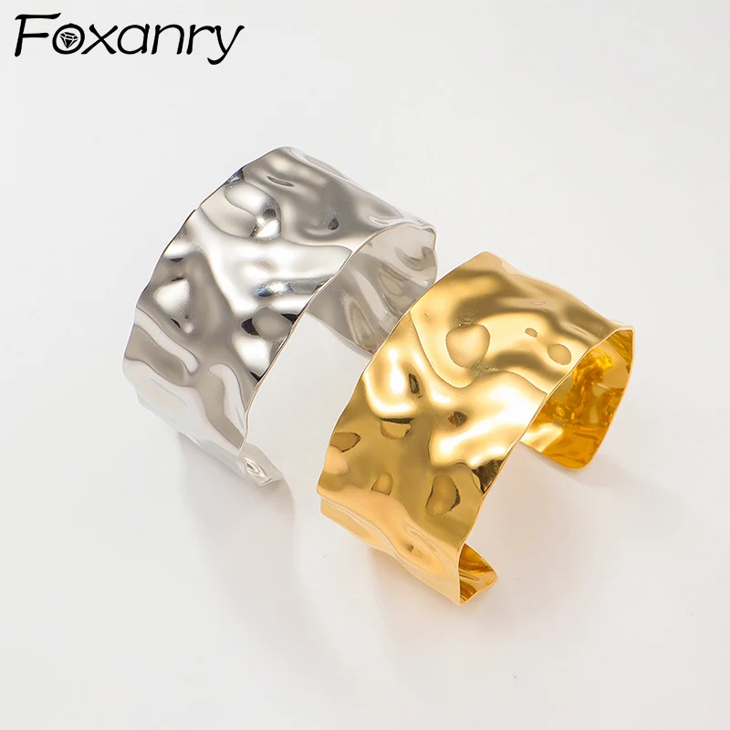 Foxanry 316L Stainless Steel Wide Texture Cuff Bracelet For Women New Trendy Hip Hop Simple Exaggerated Non-fading Party Jewelry