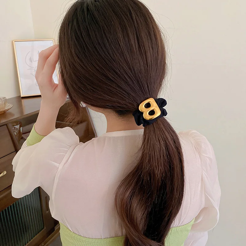 Black Love Letter Scrunchie Hair Tie Korean Vintage Versatile Elastic Band for Women Daily Chic Simple