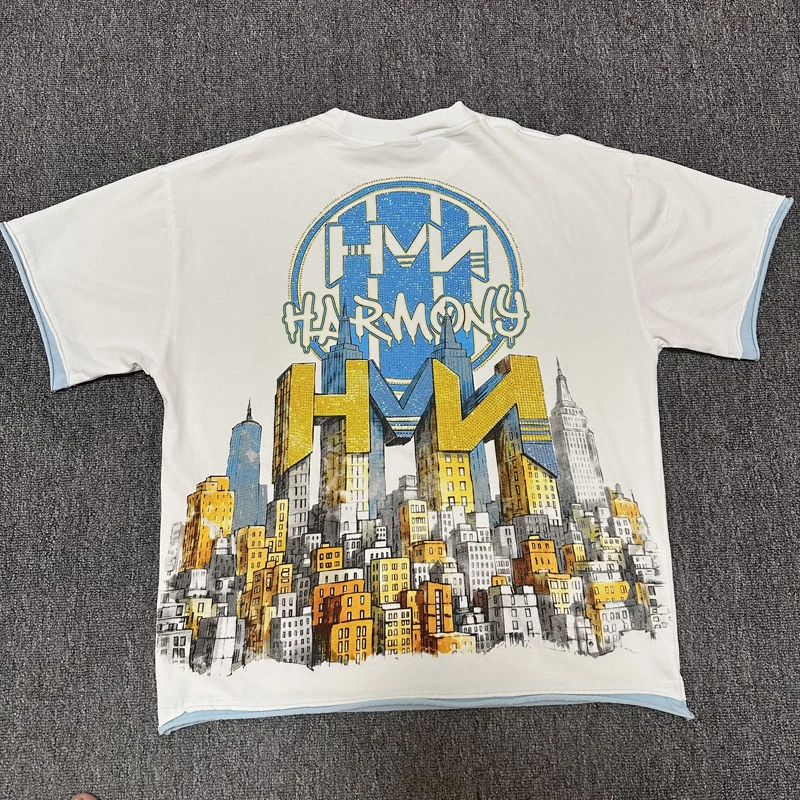 HARMONY Tee City Pattern Rhinestone Print Layered Cuff Oversized Vintage Streetwear T-shirt Original Label High Quality Stock
