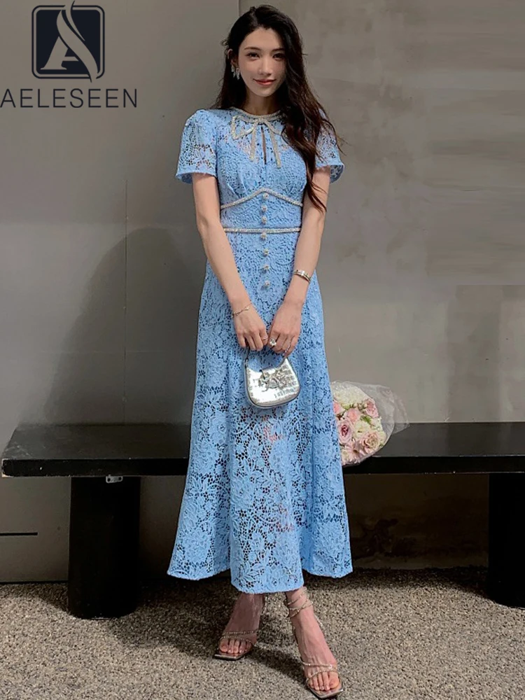 AELESEEN Fashion Designer Summer Dress High Quality Women Slim Blue Beige Luxury Diamonds Hollow Out Elegant Long Party Holiday