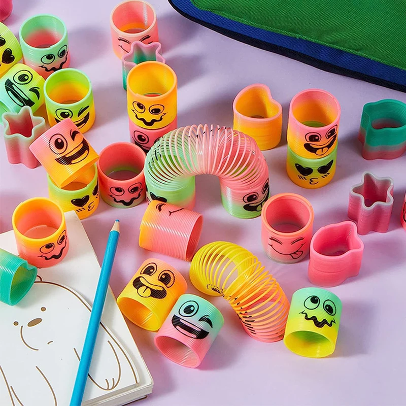 12pcs Mini Cartoon Rainbow Spring Plastic Coil Spring Fidget Treats Kids Birthday Party Favor Pinata Gifts Guests Goodies Filler