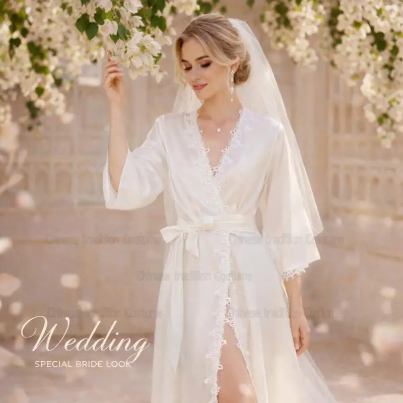 

White Bride Wedding Dress Lace Patchwork Nightgown Women Rayon Ice Silk Long Kimono Vestidos Gown Sexy Loose Homewear Pajama