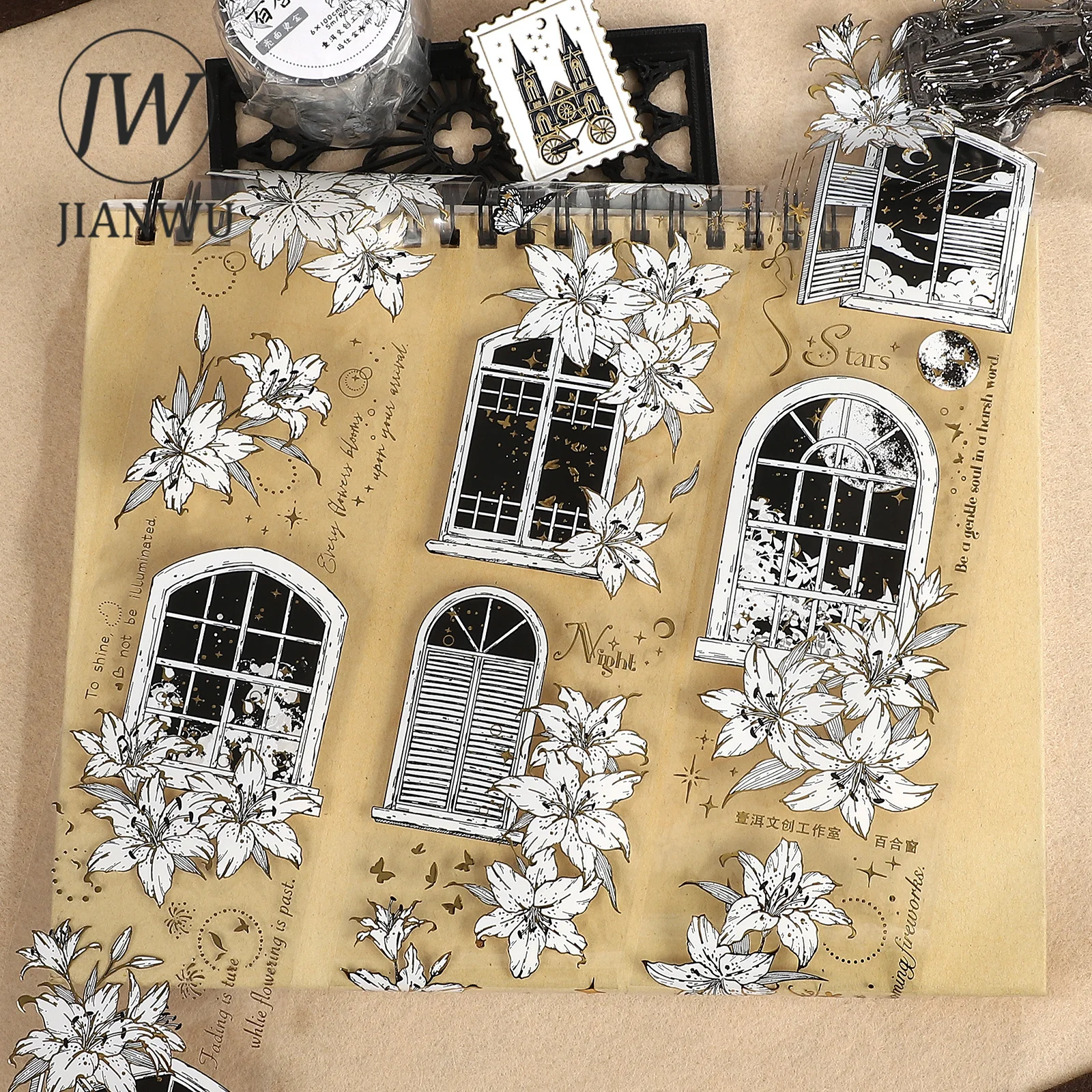 JIANWU 60mm*5m Vintage Flower Window Landscape Material Collage Scrapbooking PET Tape Creative DIY Journal Stationery