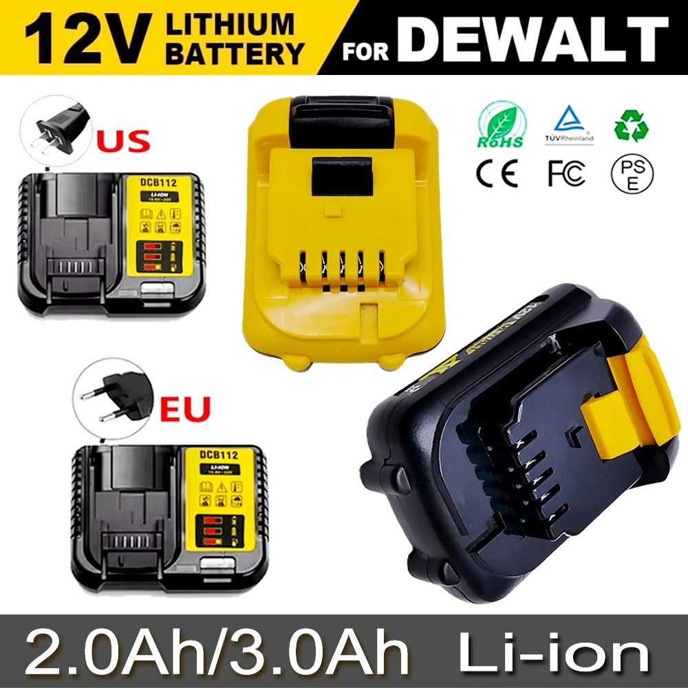 

12V 2.0/3.0Ah Cordless/Rechargeable for Dewalt DCB120 Li-ion Batteries DCB124 DW089LG DCD701F2 Power Tools/Laser Level