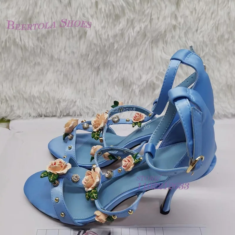 High Heels Flower Rhinestone 3D Rose Design Crystal Sandals Cover Round Head Buckle Solid Color Strap Fashion Summer Women Shoes